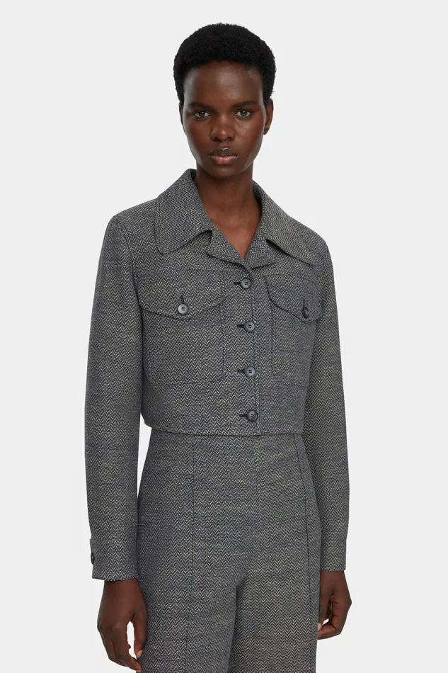 Emilia Wickstead Nics Jacket In Navy and Ivory Chevron Weave Women Jackets And Coats Emilia Wickstead Nics Jacket In Navy and Ivory Chevron Weave Women Jackets And Coats