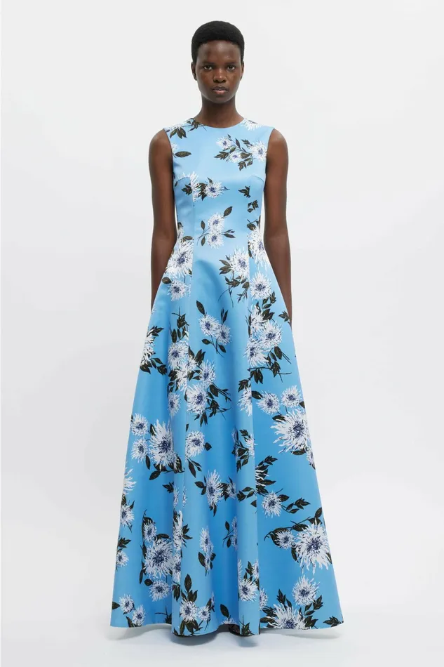 Emilia Wickstead Nodin Gown Blue Dahlia Floral Print Taffeta Faille Women Gowns