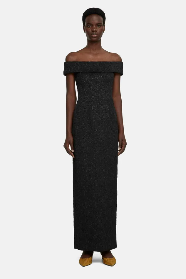 Emilia Wickstead Sima Off The Shoulder Gown In Black Seersucker Cloque Women Dresses