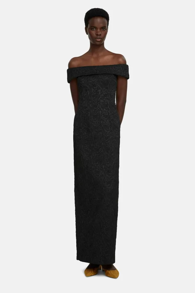 Emilia Wickstead Sima Off The Shoulder Gown In Black Seersucker Cloque Women Dresses Emilia Wickstead Sima Off The Shoulder Gown In Black Seersucker Cloque Women Dresses