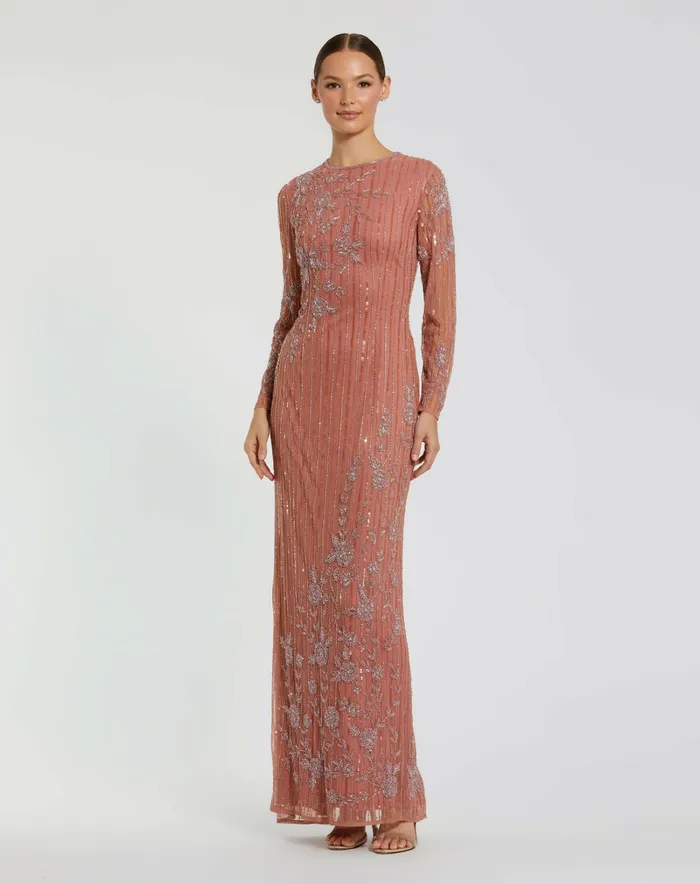 Evening Gowns Mac Duggal Women Pink Embellished High Neck Illusion Long Sleeve Gown Rose