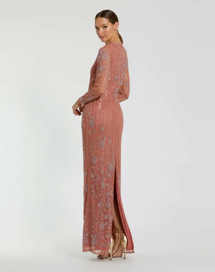 Evening Gowns Mac Duggal Women Pink Embellished High Neck Illusion Long Sleeve Gown Rose Evening Gowns Mac Duggal Women Pink Embellished High Neck Illusion Long Sleeve Gown Rose