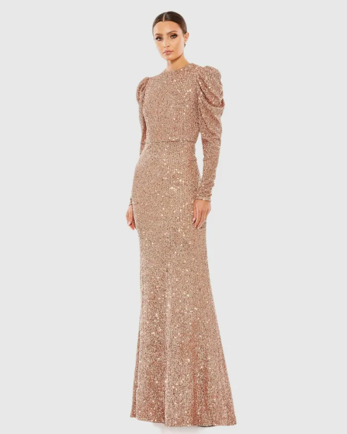 Evening Gowns Sequined High Neck Puff Long Sleeve Column Gown Copper Mac Duggal Women