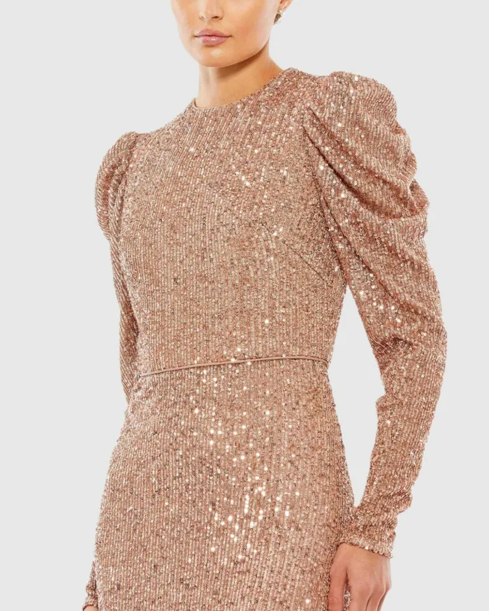 Evening Gowns Sequined High Neck Puff Long Sleeve Column Gown Copper Mac Duggal Women