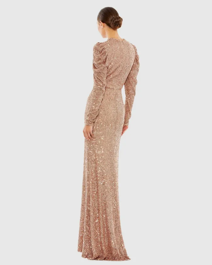 Evening Gowns Sequined High Neck Puff Long Sleeve Column Gown Copper Mac Duggal Women
