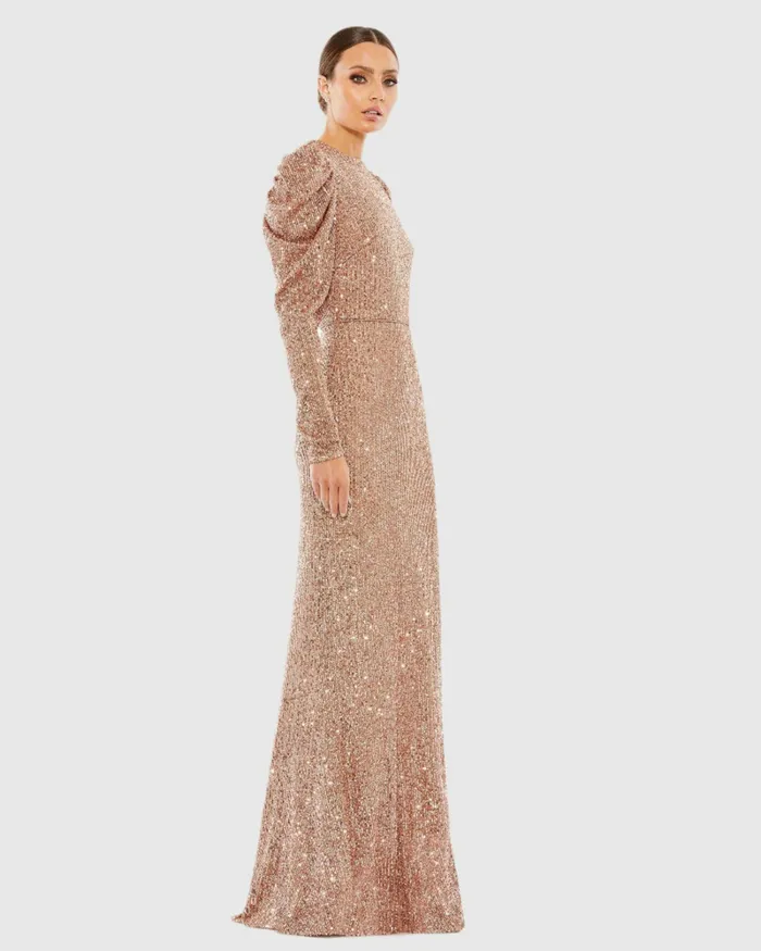 Evening Gowns Sequined High Neck Puff Long Sleeve Column Gown Copper Mac Duggal Women