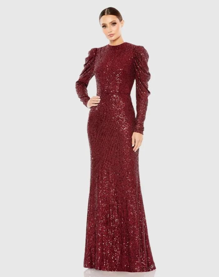 Evening Gowns Sequined High Neck Puff Long Sleeve Column Gown Copper Mac Duggal Women