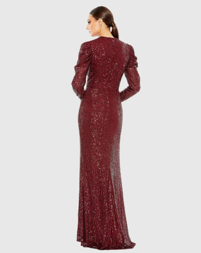 Evening Gowns Sequined High Neck Puff Long Sleeve Column Gown Copper Mac Duggal Women