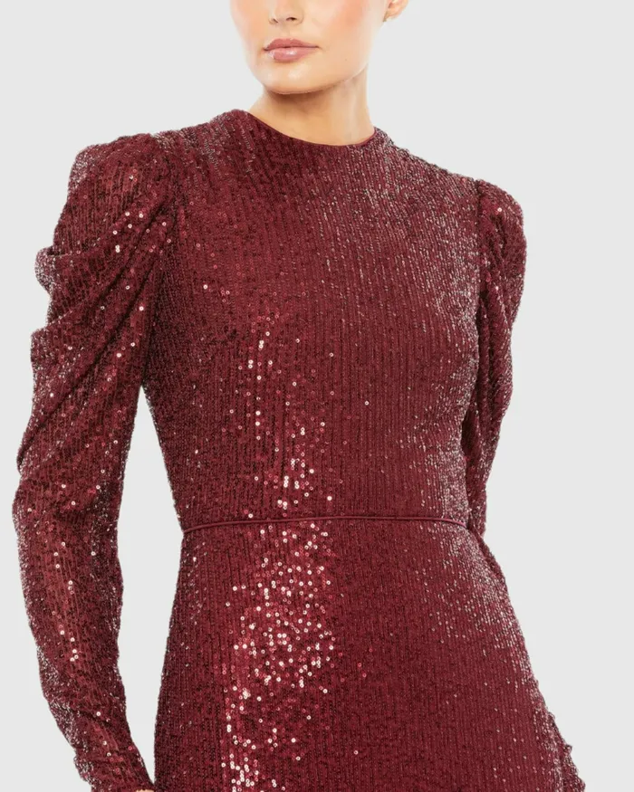 Evening Gowns Sequined High Neck Puff Long Sleeve Column Gown Copper Mac Duggal Women