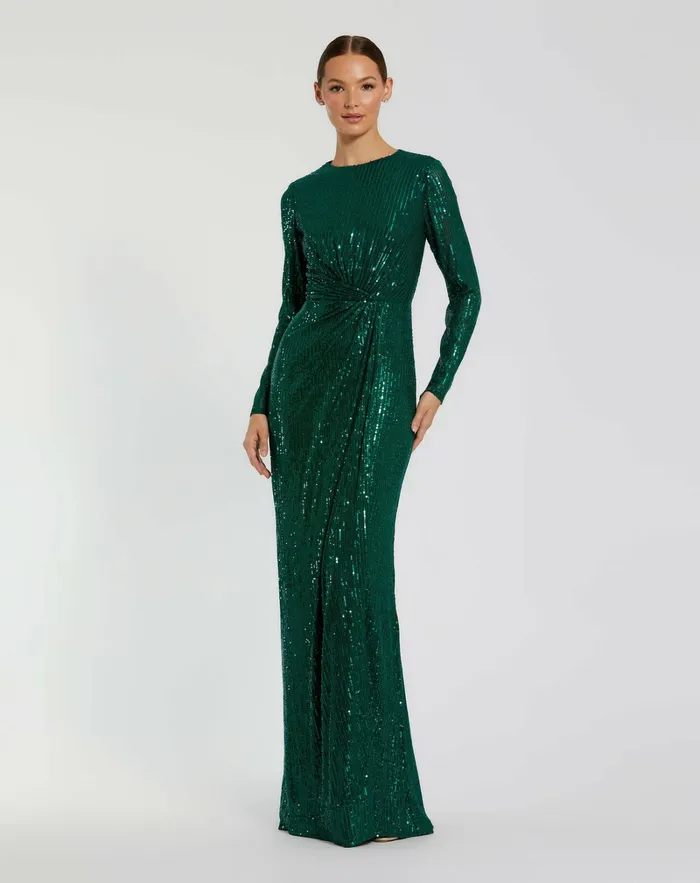 Evening Gowns Women Mac Duggal Sequined Long Sleeve Side Knot Dress Emerald
