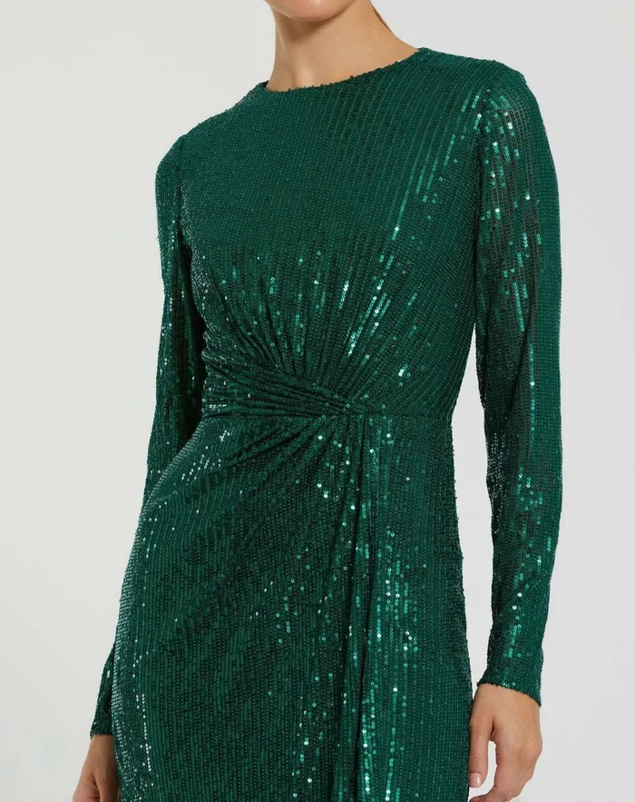 Evening Gowns Women Mac Duggal Sequined Long Sleeve Side Knot Dress Emerald Evening Gowns Women Mac Duggal Sequined Long Sleeve Side Knot Dress Emerald