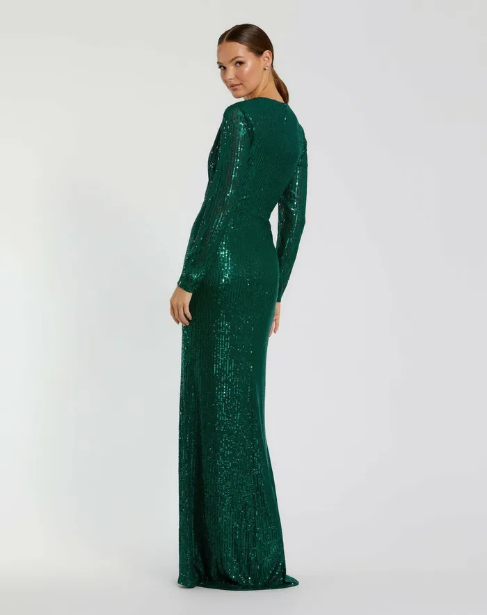 Evening Gowns Women Mac Duggal Sequined Long Sleeve Side Knot Dress Emerald Evening Gowns Women Mac Duggal Sequined Long Sleeve Side Knot Dress Emerald