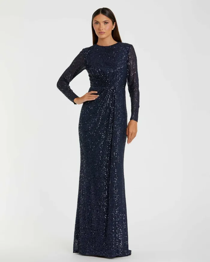 Evening Gowns Women Mac Duggal Sequined Long Sleeve Side Knot Dress Emerald Evening Gowns Women Mac Duggal Sequined Long Sleeve Side Knot Dress Emerald
