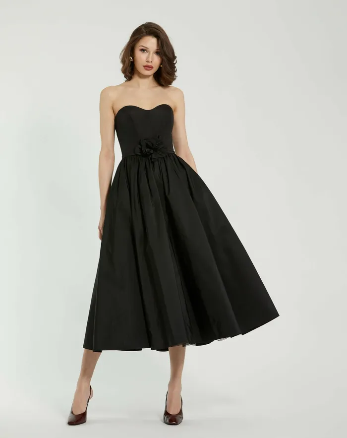 Every Day Dresses Faille Strapless A Line Midi Dress With 3D Rose Black 8211 Mac Duggal Women Every Day Dresses Faille Strapless A Line Midi Dress With 3D Rose Black 8211 Mac Duggal Women