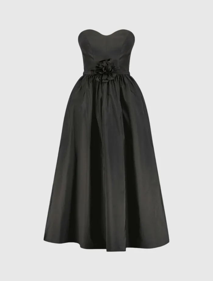Every Day Dresses Faille Strapless A Line Midi Dress With 3D Rose Black 8211 Mac Duggal Women