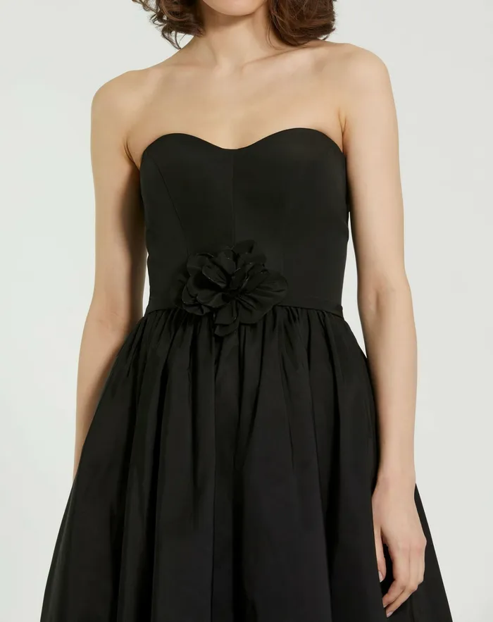 Every Day Dresses Faille Strapless A Line Midi Dress With 3D Rose Black 8211 Mac Duggal Women
