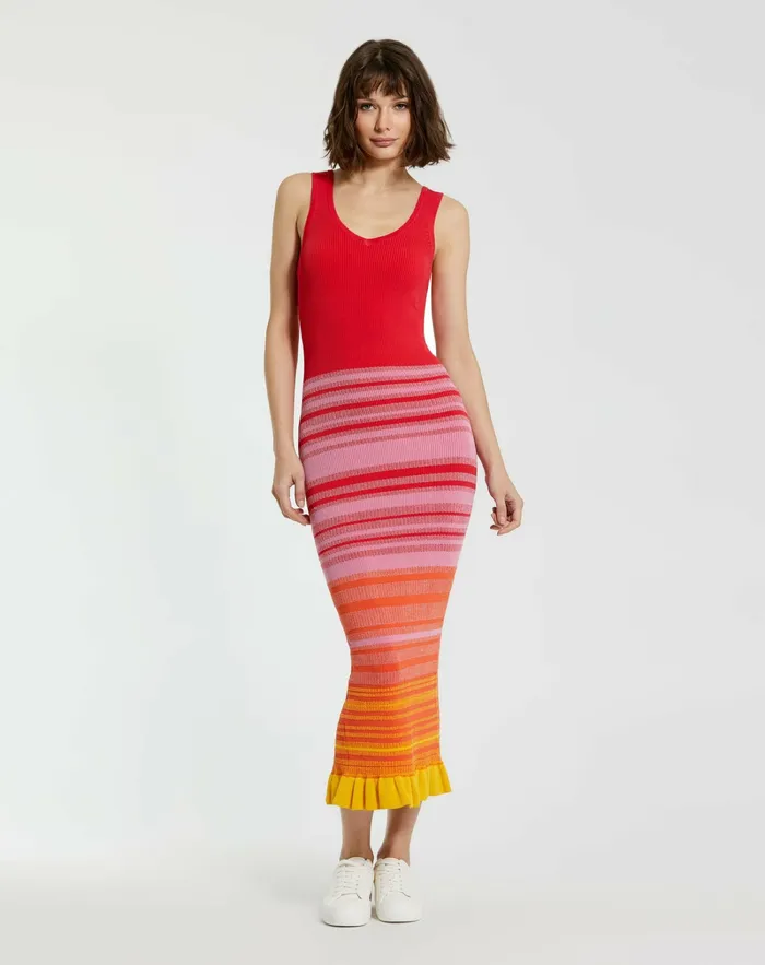 Every Day Dresses Women Red Striped Fitted Sleeveless Ribbed Knit Midi Tank Dress 8211 FINAL SALE Red Mac Duggal
