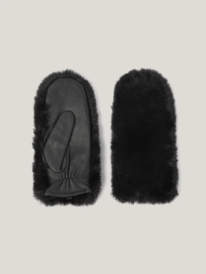 Faux Fur Leather Mitten Black Women Jigsaw Hats and Gloves