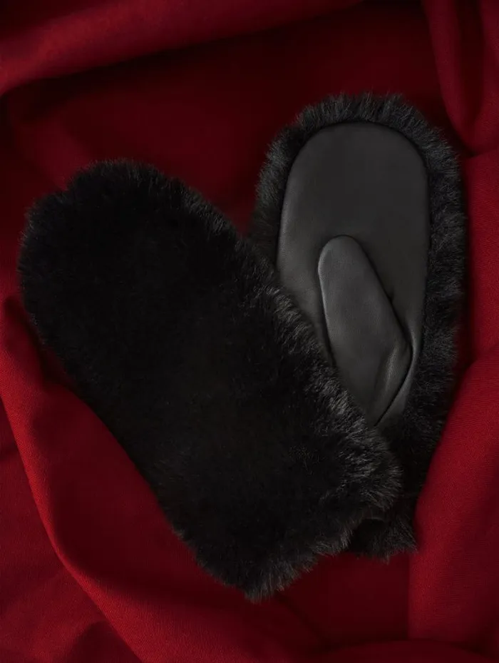 Faux Fur Leather Mitten Black Women Jigsaw Hats and Gloves