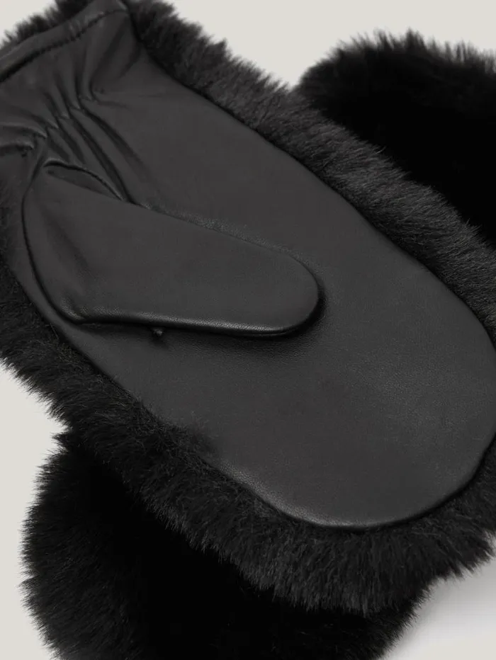 Faux Fur Leather Mitten Black Women Jigsaw Hats and Gloves