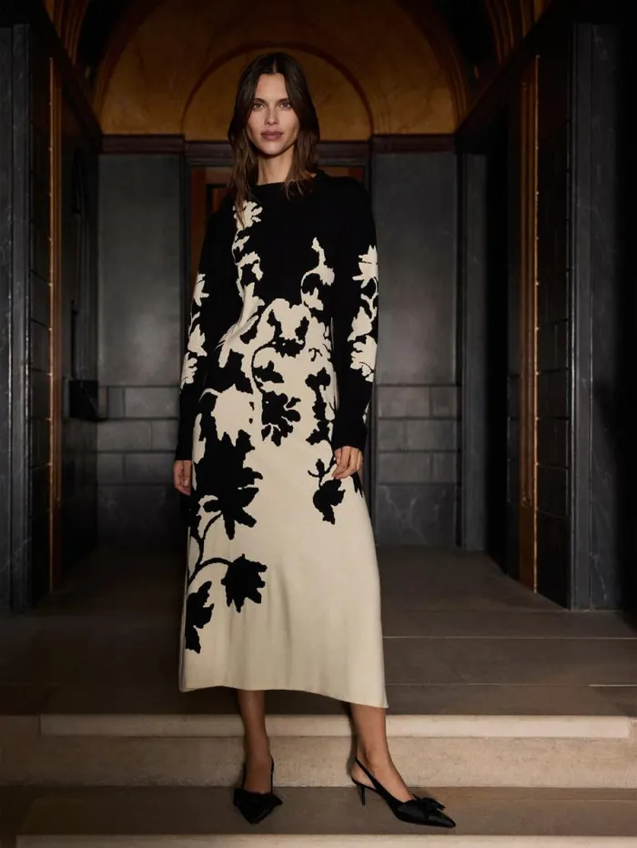 Floral Jacquard Knitted Dress Monochrome Women Jigsaw Dresses and Jumpsuits