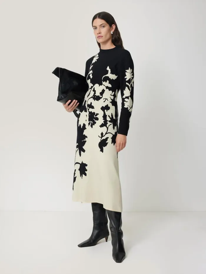Floral Jacquard Knitted Dress Monochrome Women Jigsaw Knitwear and Cashmere