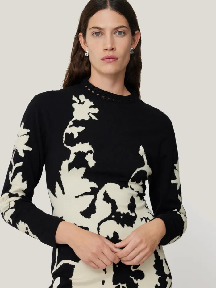 Floral Jacquard Knitted Dress Monochrome Women Jigsaw Knitwear and Cashmere