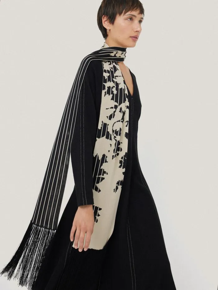 Floral Pinstripe Fringed Scarf Monochrome Women Jigsaw Coords