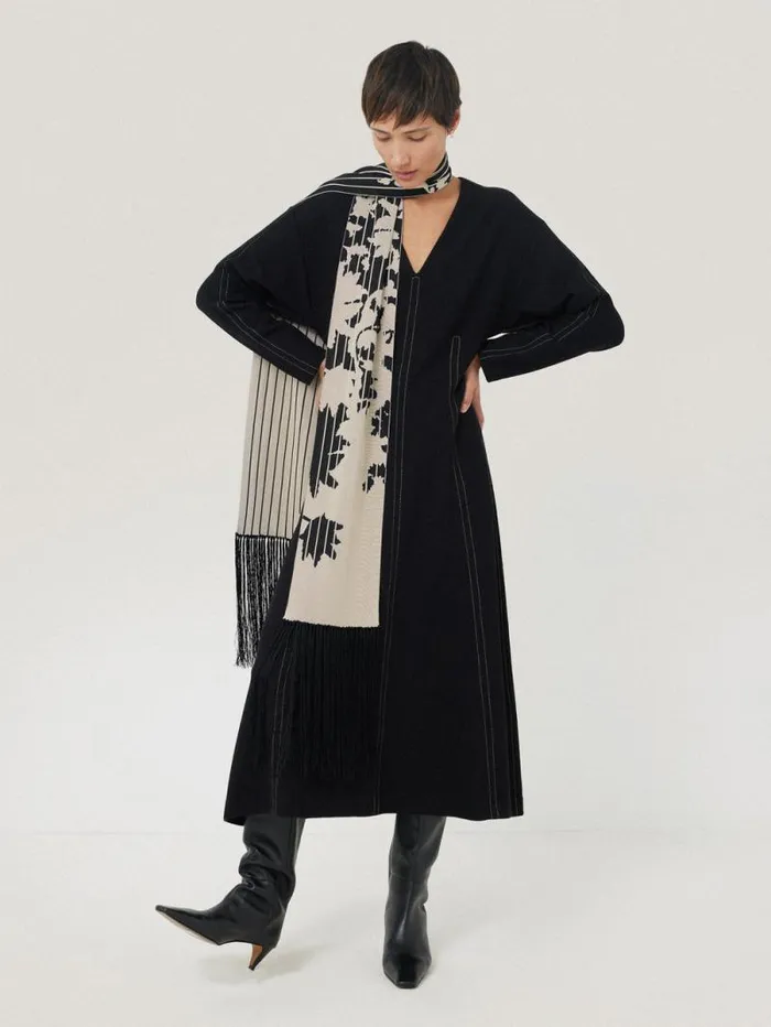 Floral Pinstripe Fringed Scarf Monochrome Women Jigsaw Coords