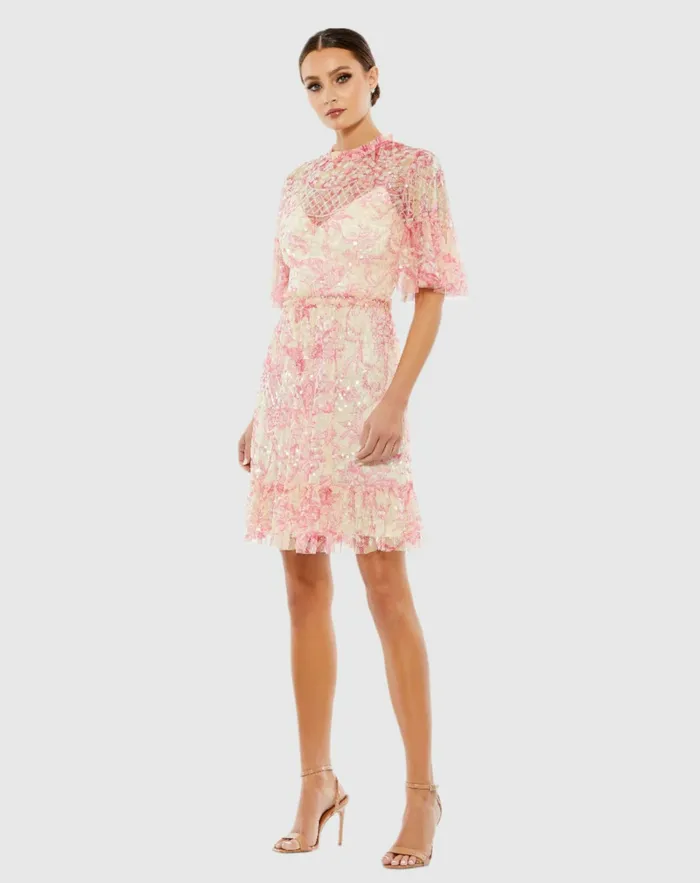 Flounce Sleeve Floral Embellished Dress Blush Multi Cocktail Dresses Mac Duggal Women
