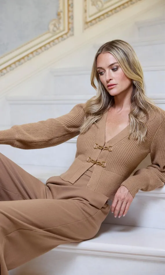 Generation Love Clothing Sweaters and Sweatshirts Monse Saddle Buckle Closure Cardigan Camel 8211 Women