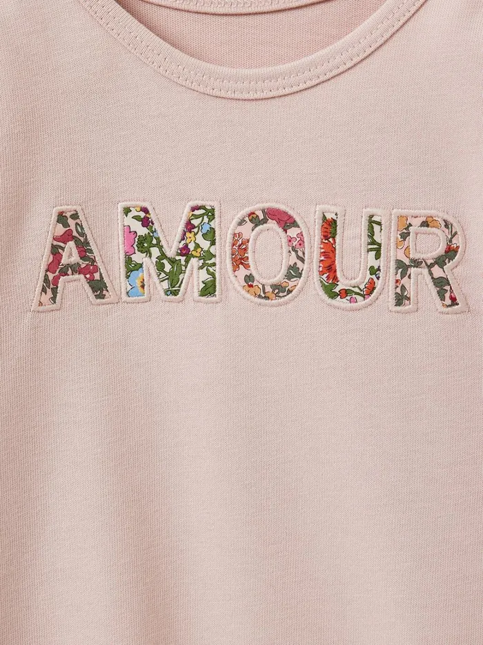 Girls Clothing Cyrillus TShirt With Message Trim Made With Liberty Fabric 8211 Organic Cotton Rose Doux