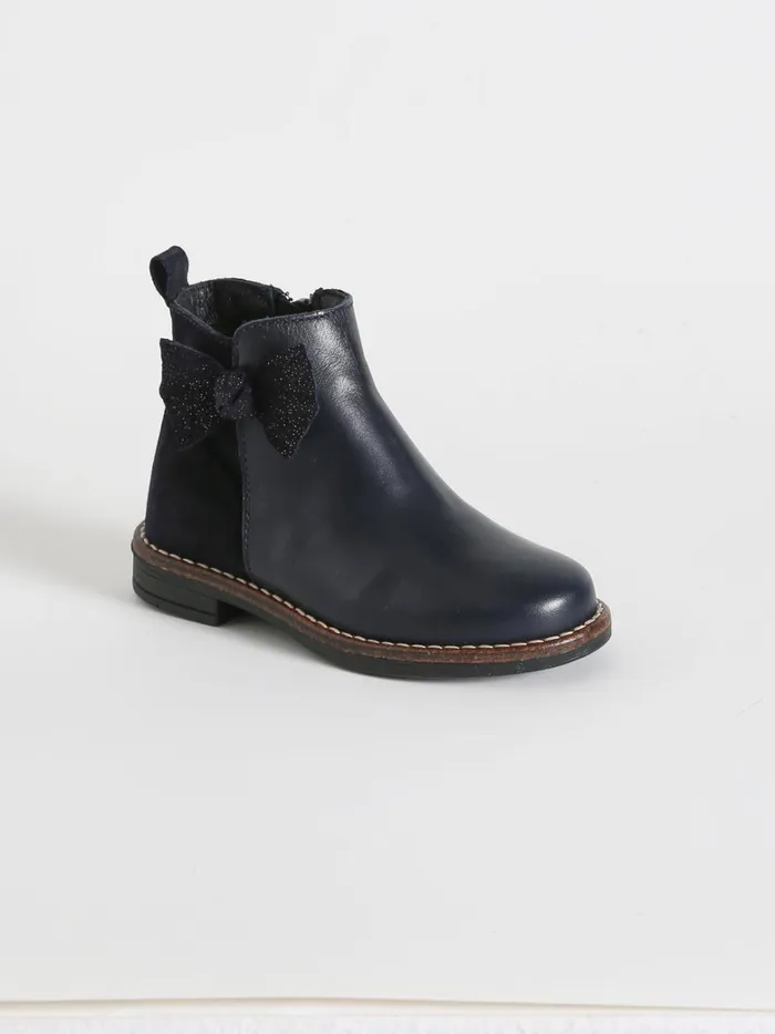 Girls Shoes Cyrillus Leather Ankle Boots With Bow Marine