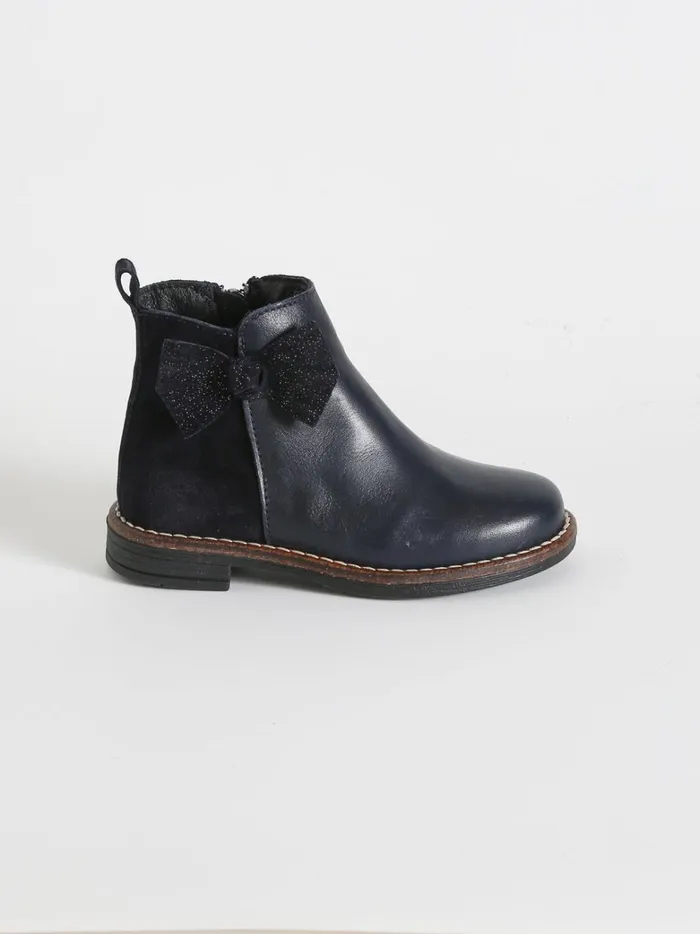 Girls Shoes Cyrillus Leather Ankle Boots With Bow Marine