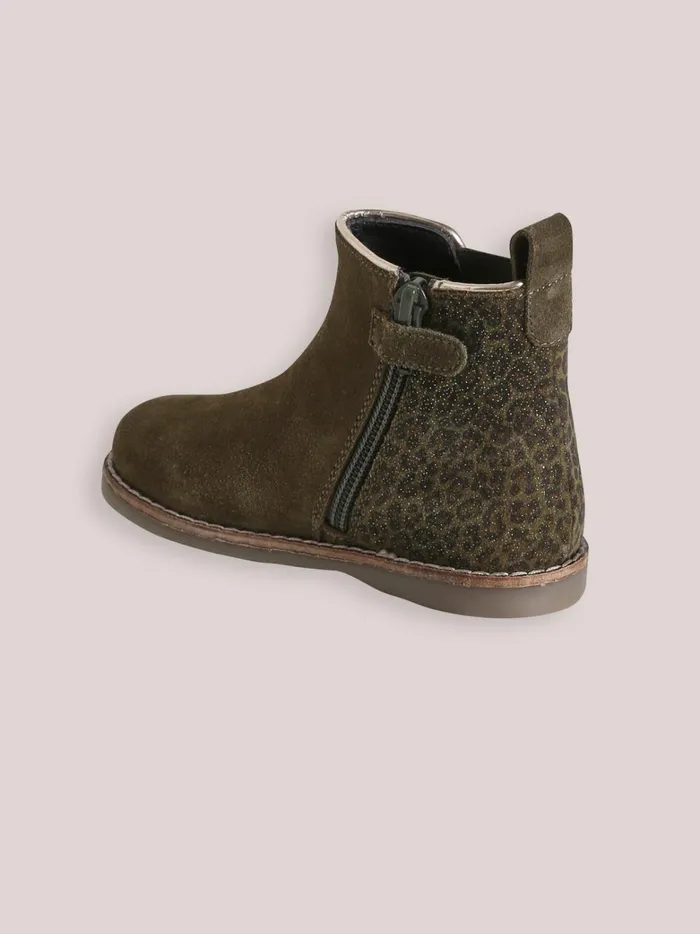 Girls Shoes Cyrillus Leather Leopard Print Ankle Boots Kaki