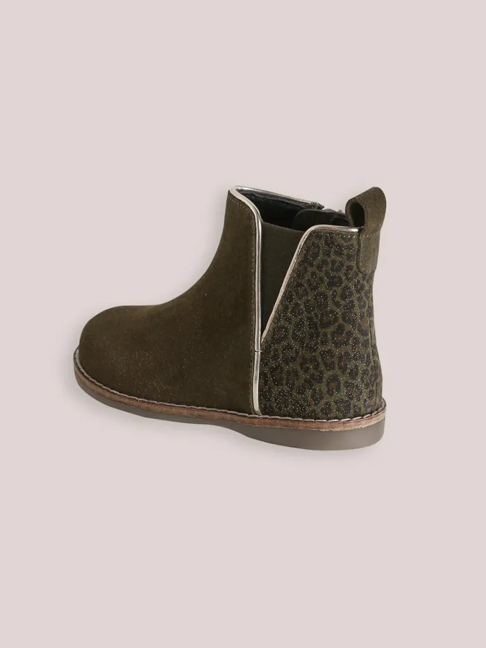 Girls Shoes Cyrillus Leather Leopard Print Ankle Boots Kaki