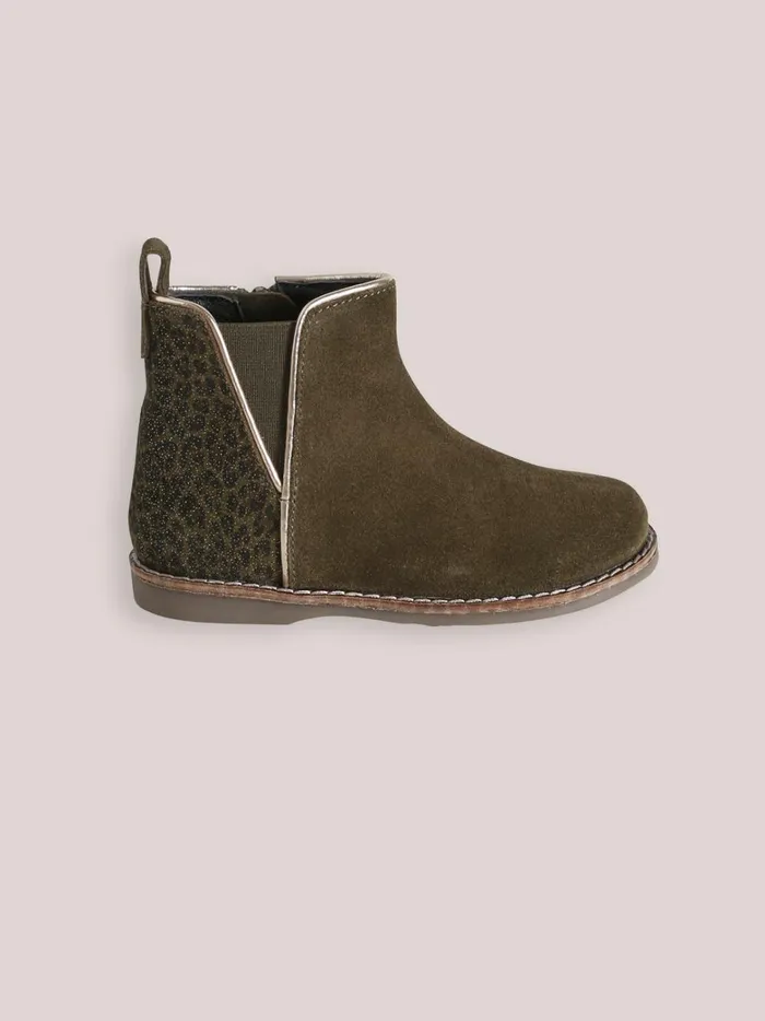 Girls Shoes Cyrillus Leather Leopard Print Ankle Boots Kaki