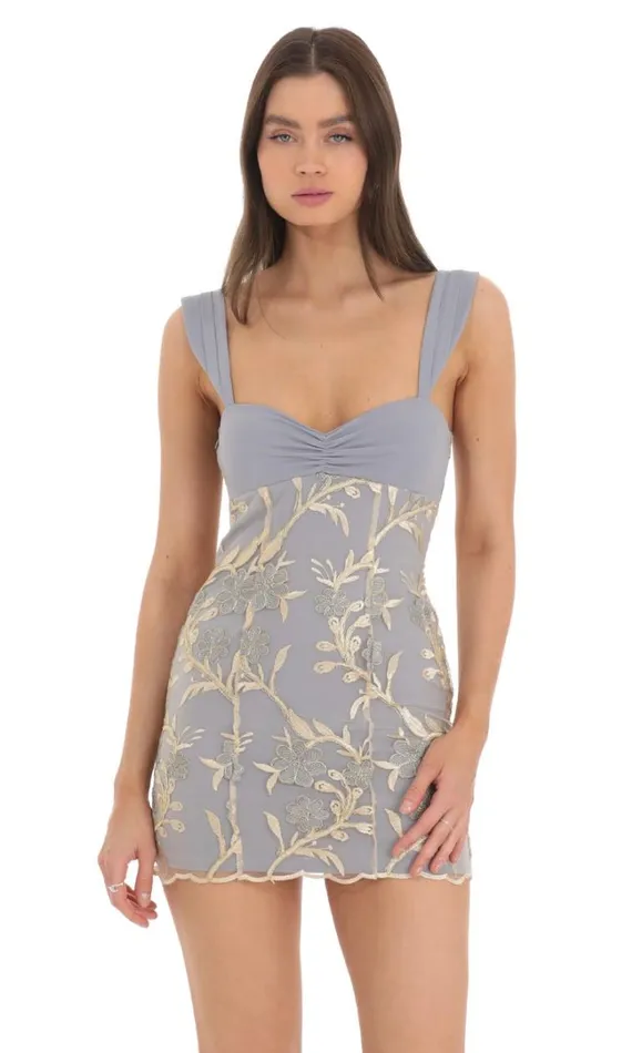 Gold Floral Embroidered Dress Grey Women LUCY IN THE SKY Mini Dresses