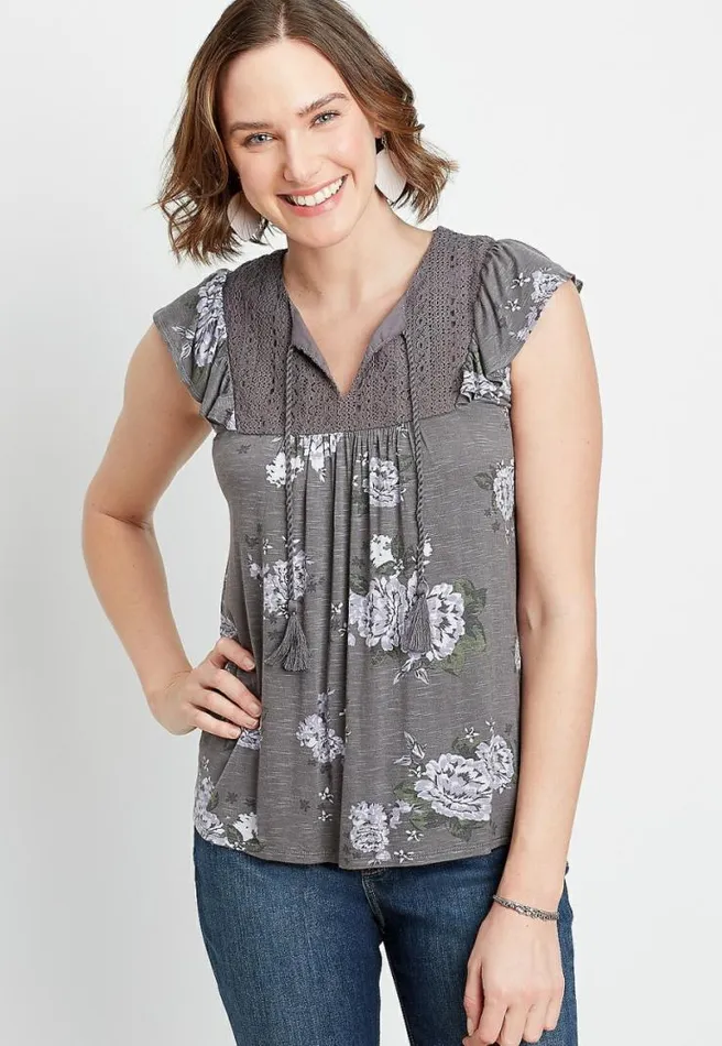 Gray Floral Lace Blouse Women Maurices Tops