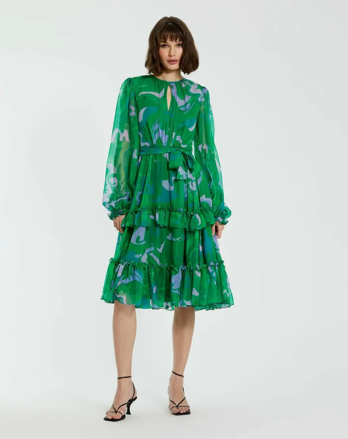 Green Printed Chiffon Bishop Sleeve Tie Waisted Ruffle Midi Dress Green Multi Women Every Day Dresses Mac Duggal