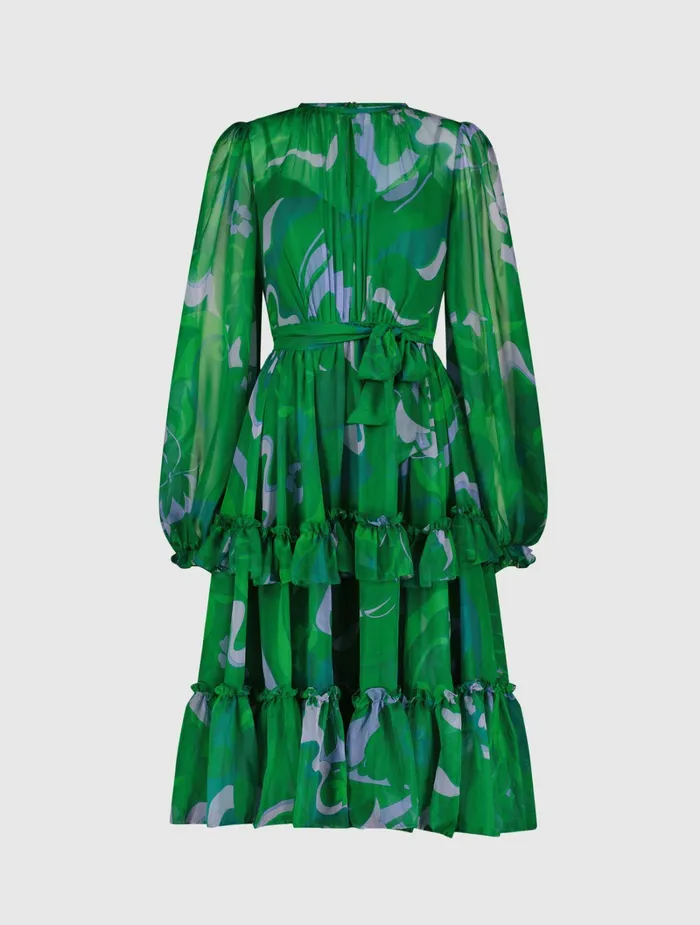 Green Printed Chiffon Bishop Sleeve Tie Waisted Ruffle Midi Dress Green Multi Women Every Day Dresses Mac Duggal