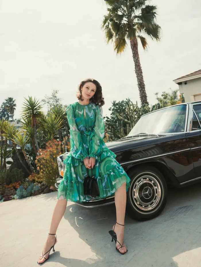 Green Printed Chiffon Bishop Sleeve Tie Waisted Ruffle Midi Dress Green Multi Women Every Day Dresses Mac Duggal