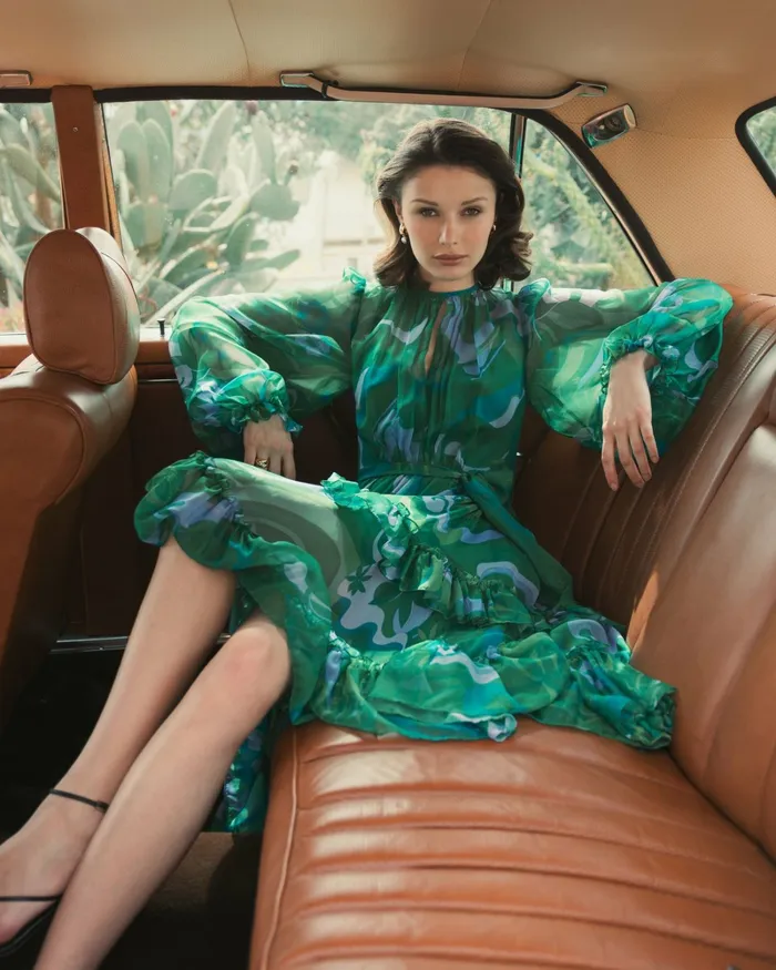 Green Printed Chiffon Bishop Sleeve Tie Waisted Ruffle Midi Dress Green Multi Women Every Day Dresses Mac Duggal