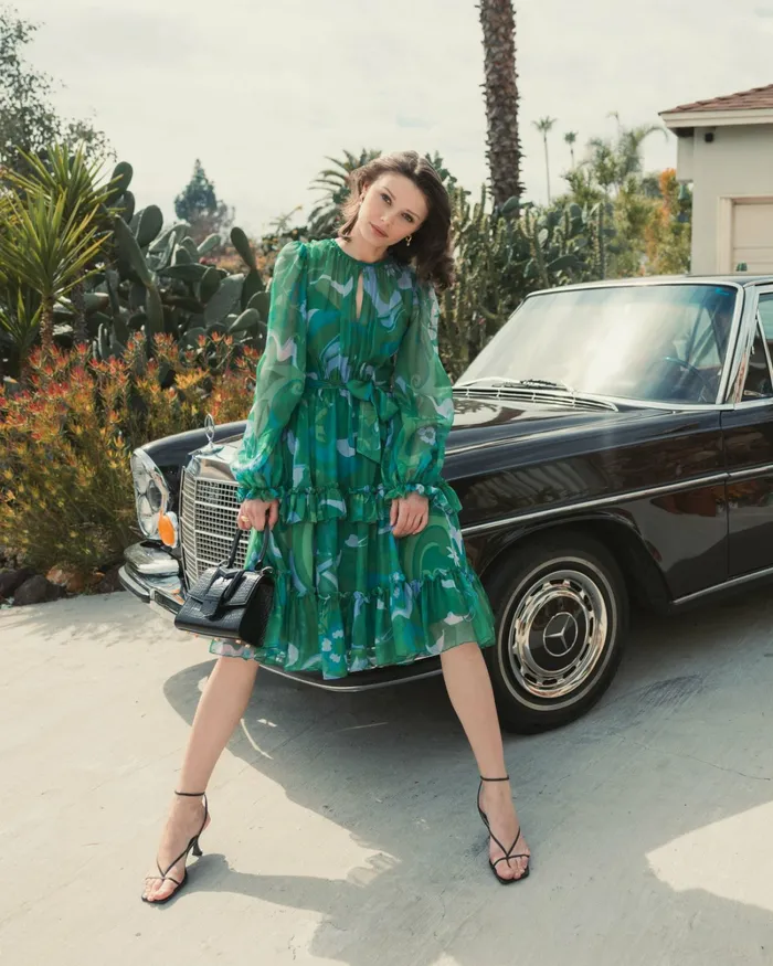 Green Printed Chiffon Bishop Sleeve Tie Waisted Ruffle Midi Dress Green Multi Women Every Day Dresses Mac Duggal