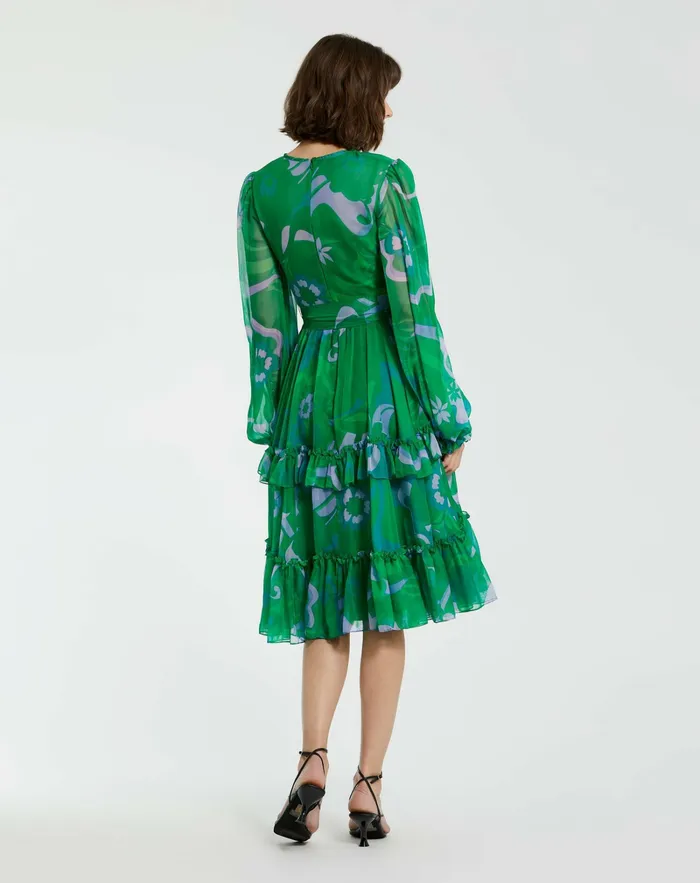 Green Printed Chiffon Bishop Sleeve Tie Waisted Ruffle Midi Dress Green Multi Women Every Day Dresses Mac Duggal