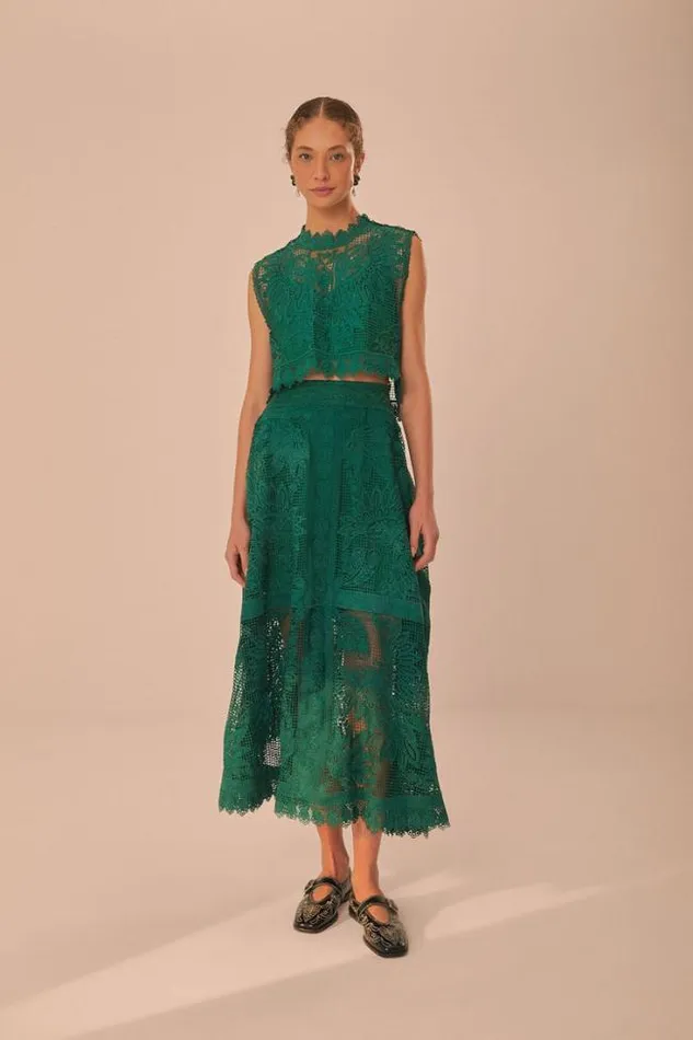 Green Toucans Guipure Midi Skirt Women FARM Rio Skirts