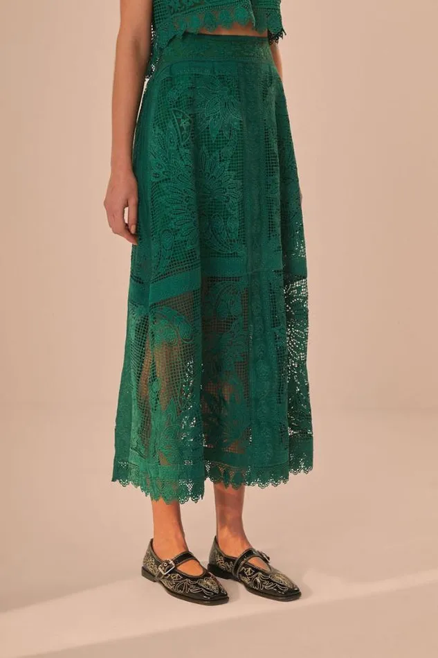 Green Toucans Guipure Midi Skirt Women FARM Rio Skirts