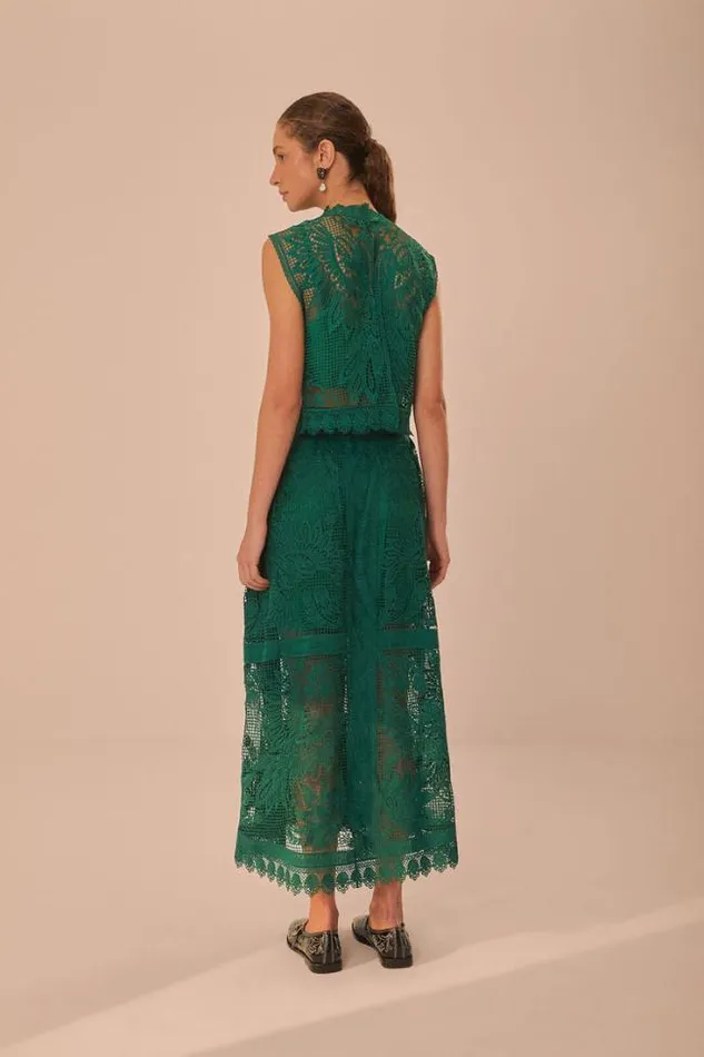Green Toucans Guipure Midi Skirt Women FARM Rio Skirts