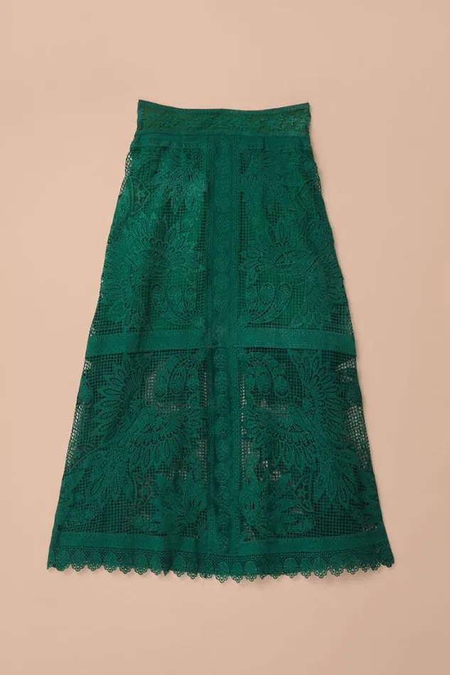Green Toucans Guipure Midi Skirt Women FARM Rio Skirts