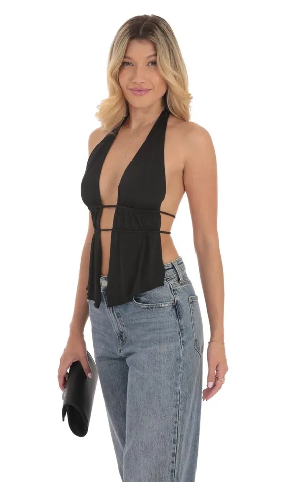 Halter Open Back Top Black Women LUCY IN THE SKY Tops